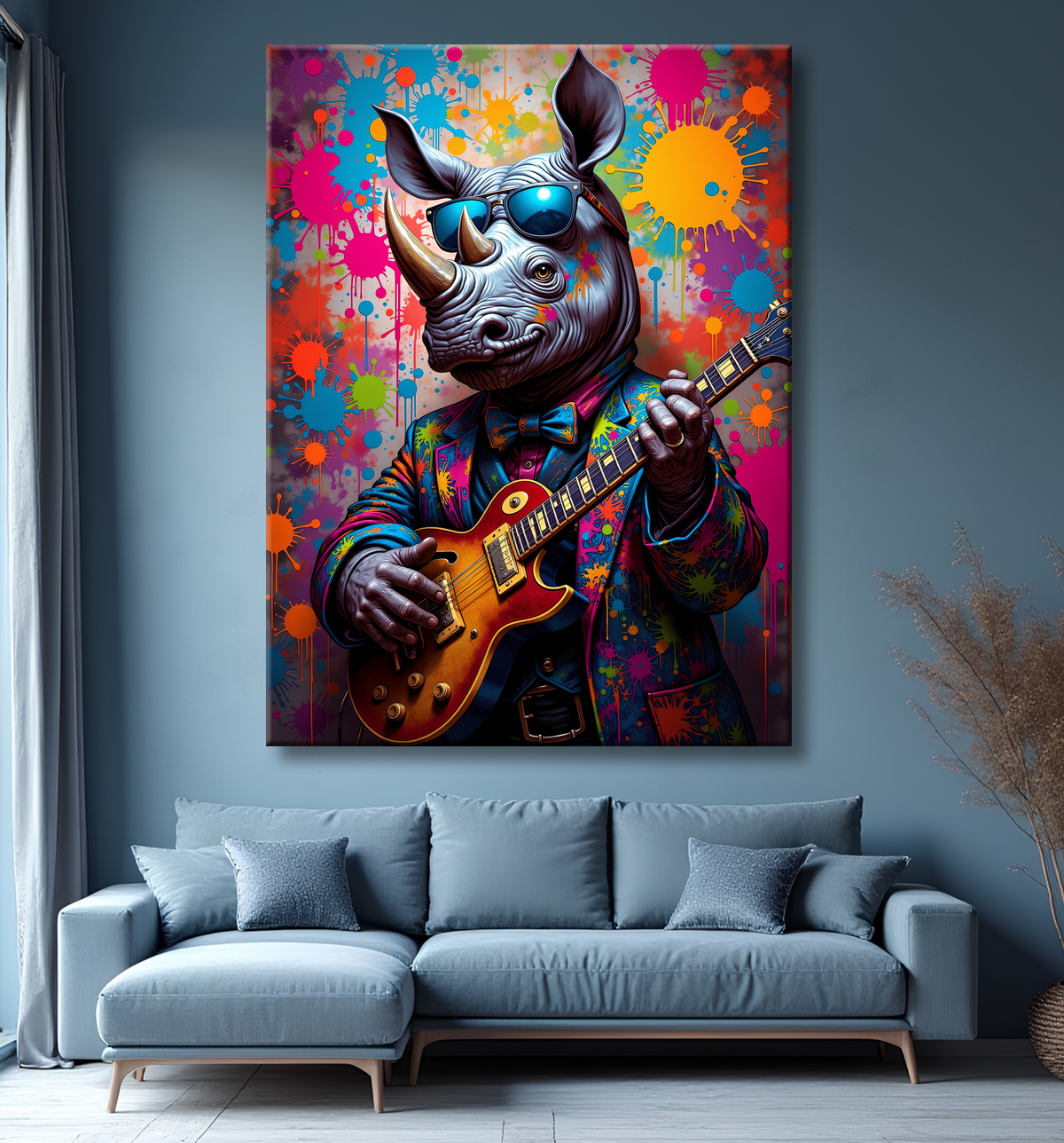 Tableau rhinocéros graffiti - Art mural sauvage et explosif avec decor