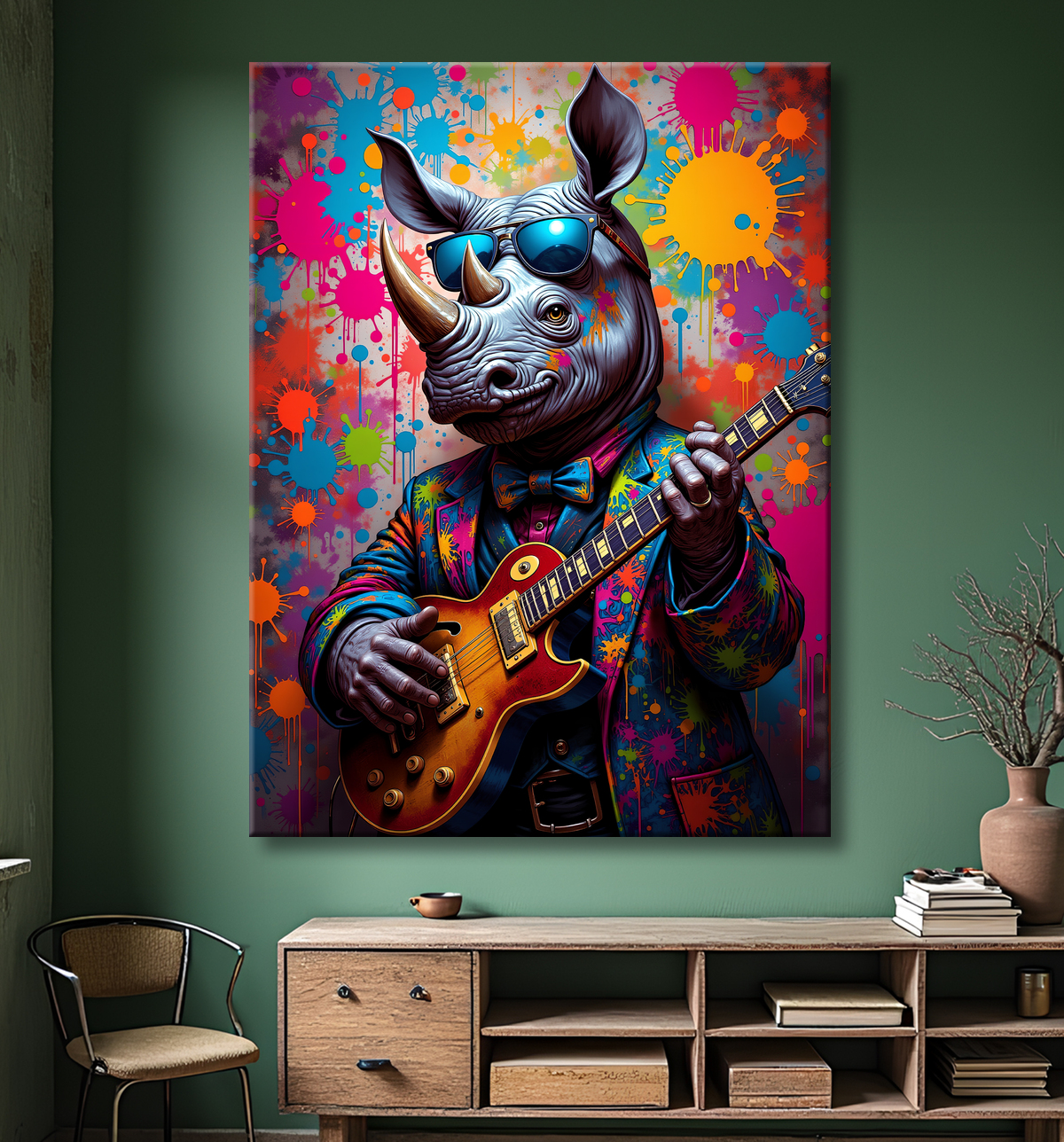 Tableau rhinocéros graffiti - Art mural sauvage et explosif avec decor
