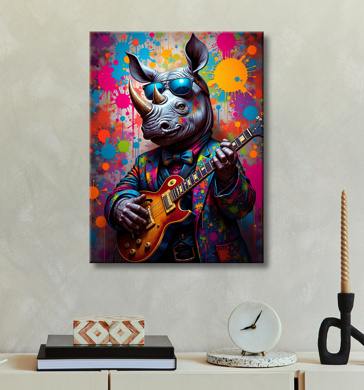 Tableau rhinocéros graffiti - Art mural sauvage et explosif avec decor