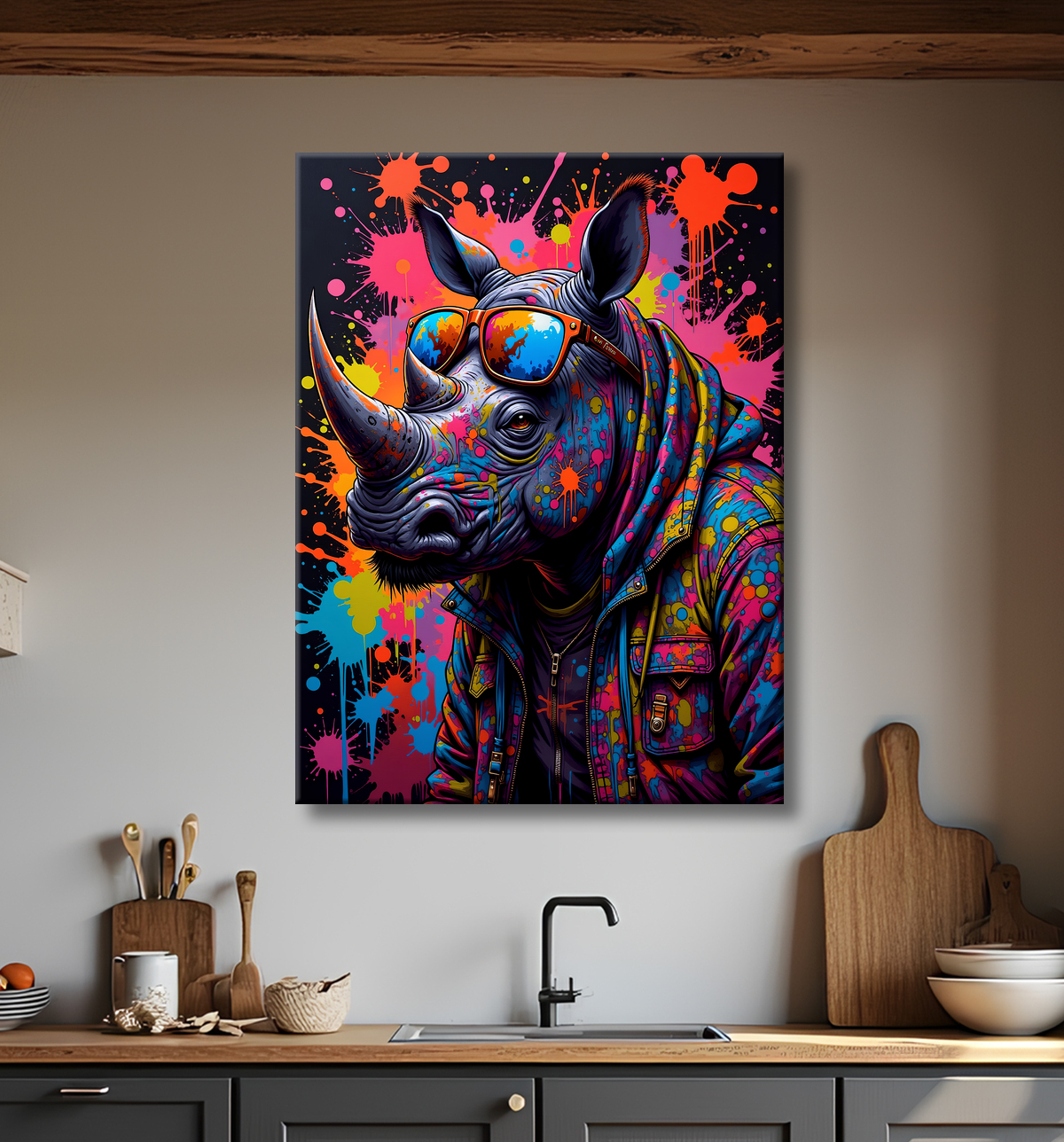 Tableau rhinocéros graffiti - Art mural sauvage et explosif avec decor