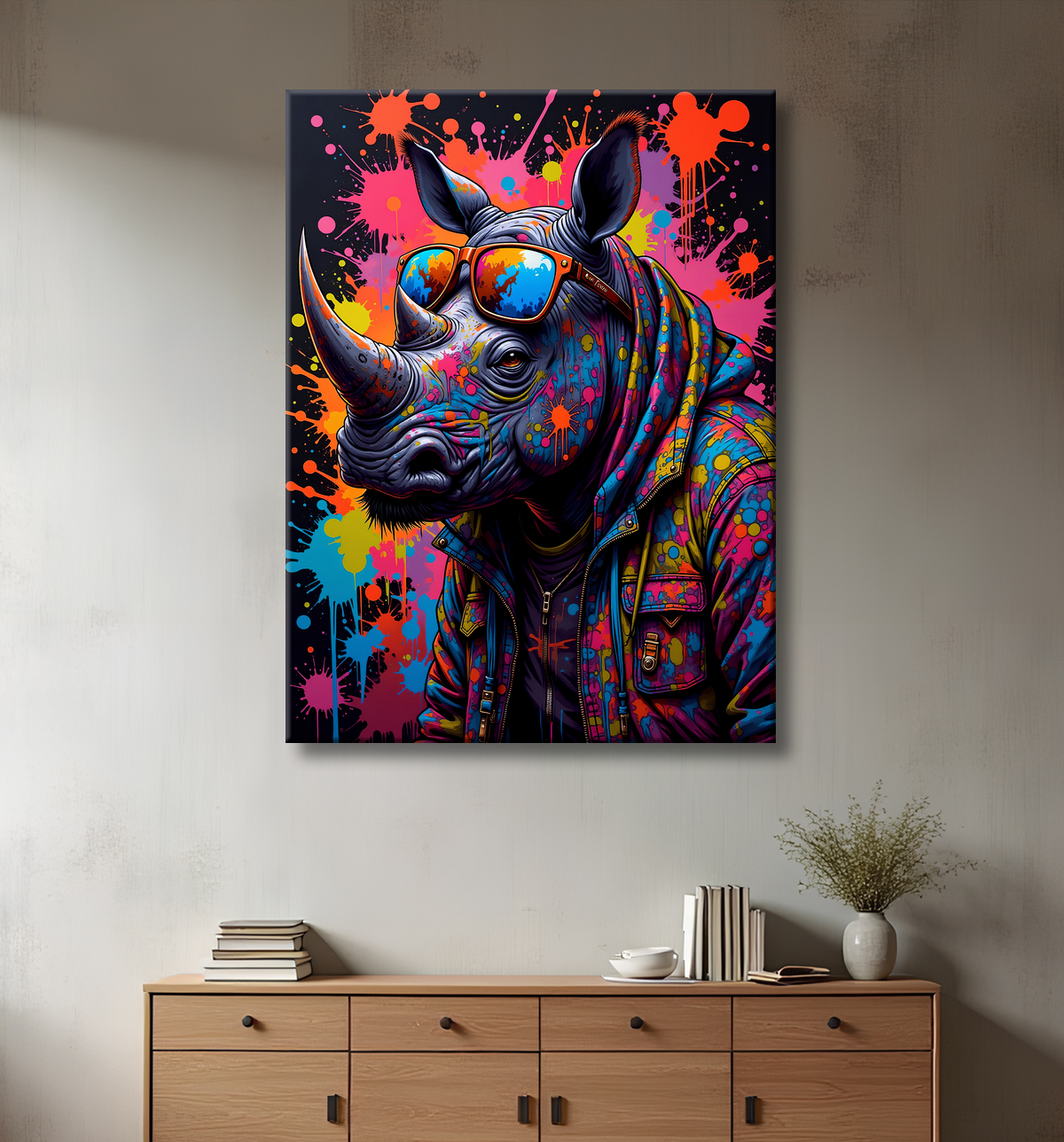 Tableau rhinocéros graffiti - Art mural sauvage et explosif avec decor