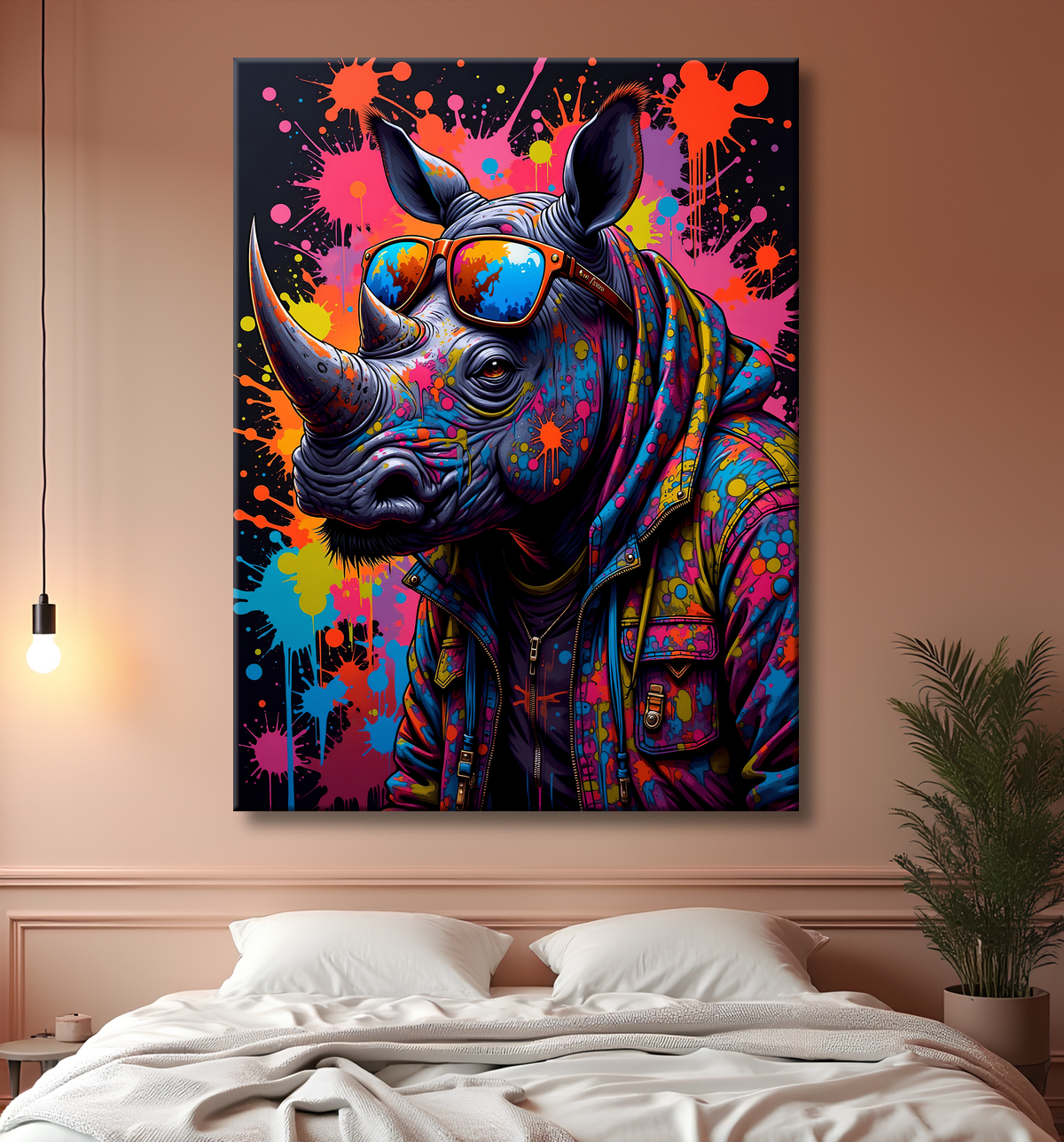 Tableau rhinocéros graffiti - Art mural sauvage et explosif avec decor