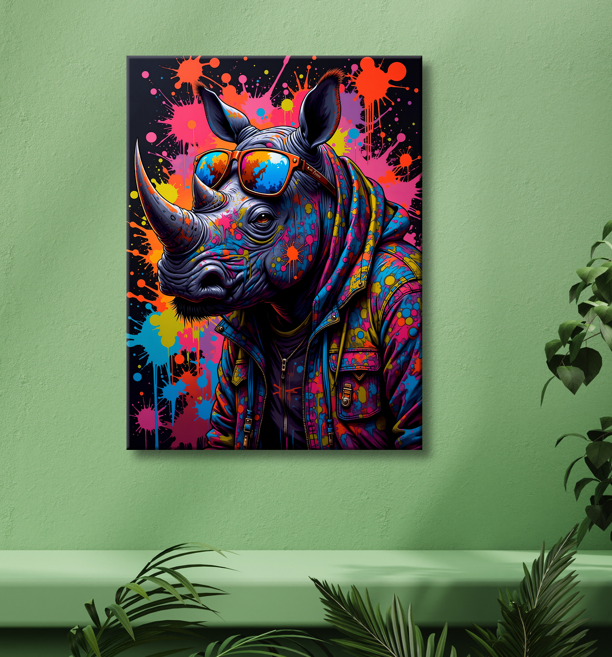 Tableau rhinocéros graffiti - Art mural sauvage et explosif avec decor