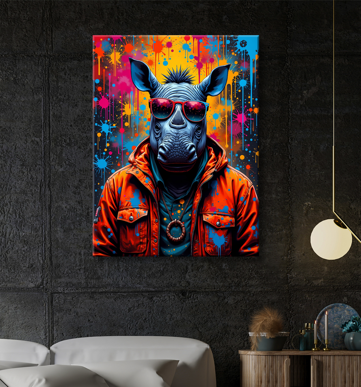 Tableau rhinocéros graffiti - Art mural sauvage et explosif avec decor