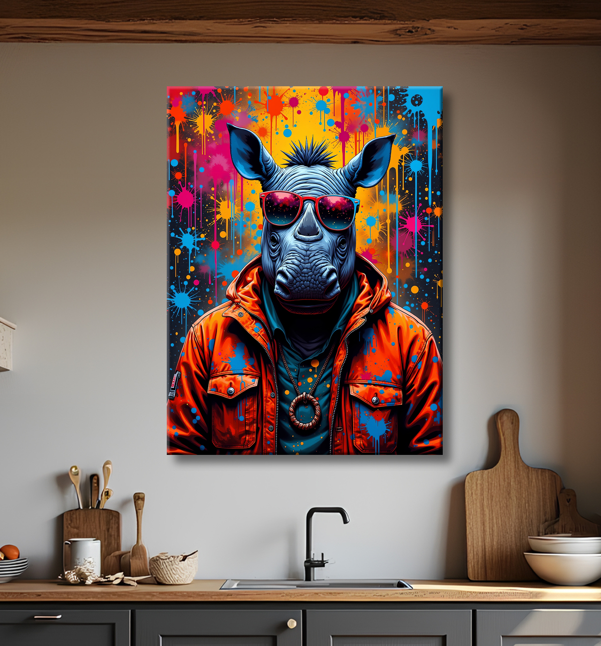 Tableau rhinocéros graffiti - Art mural sauvage et explosif avec decor