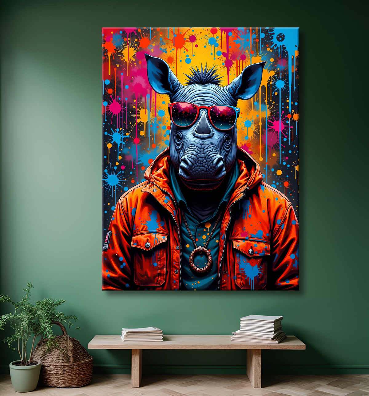 Tableau rhinocéros graffiti - Art mural sauvage et explosif avec decor