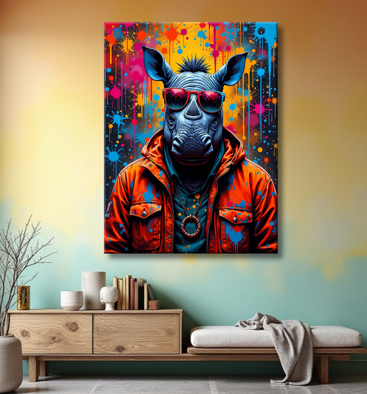 Tableau rhinocéros graffiti - Art mural sauvage et explosif avec decor