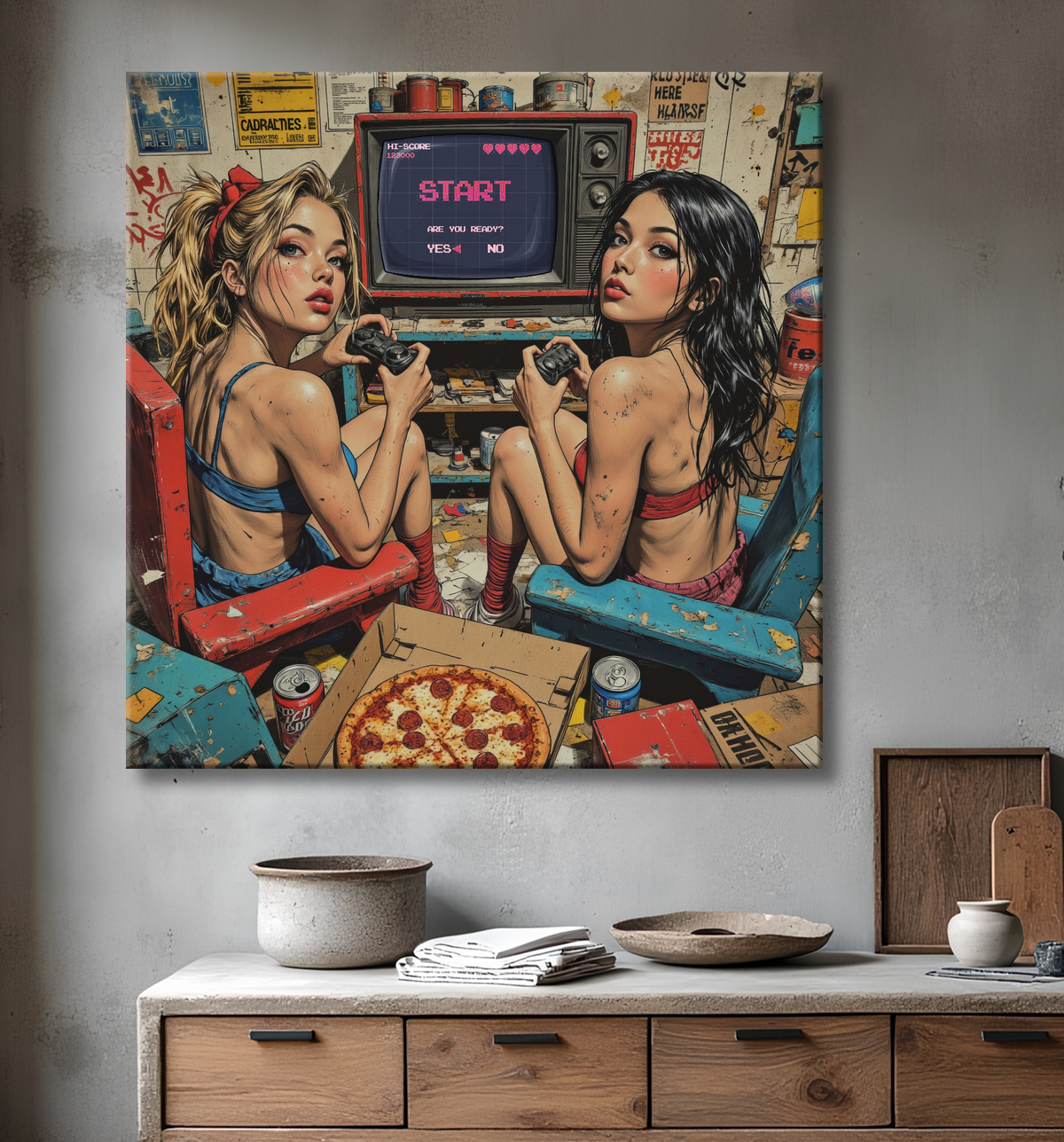 2 Gameuses : tableau street art ambiance destroy avec decor