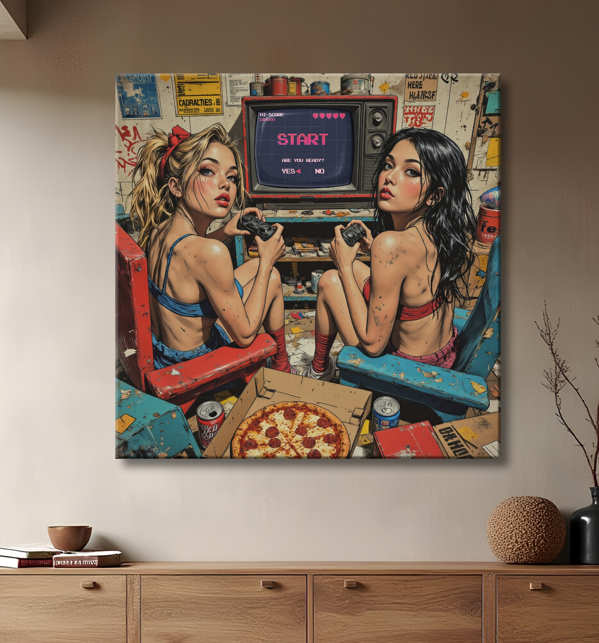 2 Gameuses : tableau street art ambiance destroy avec decor