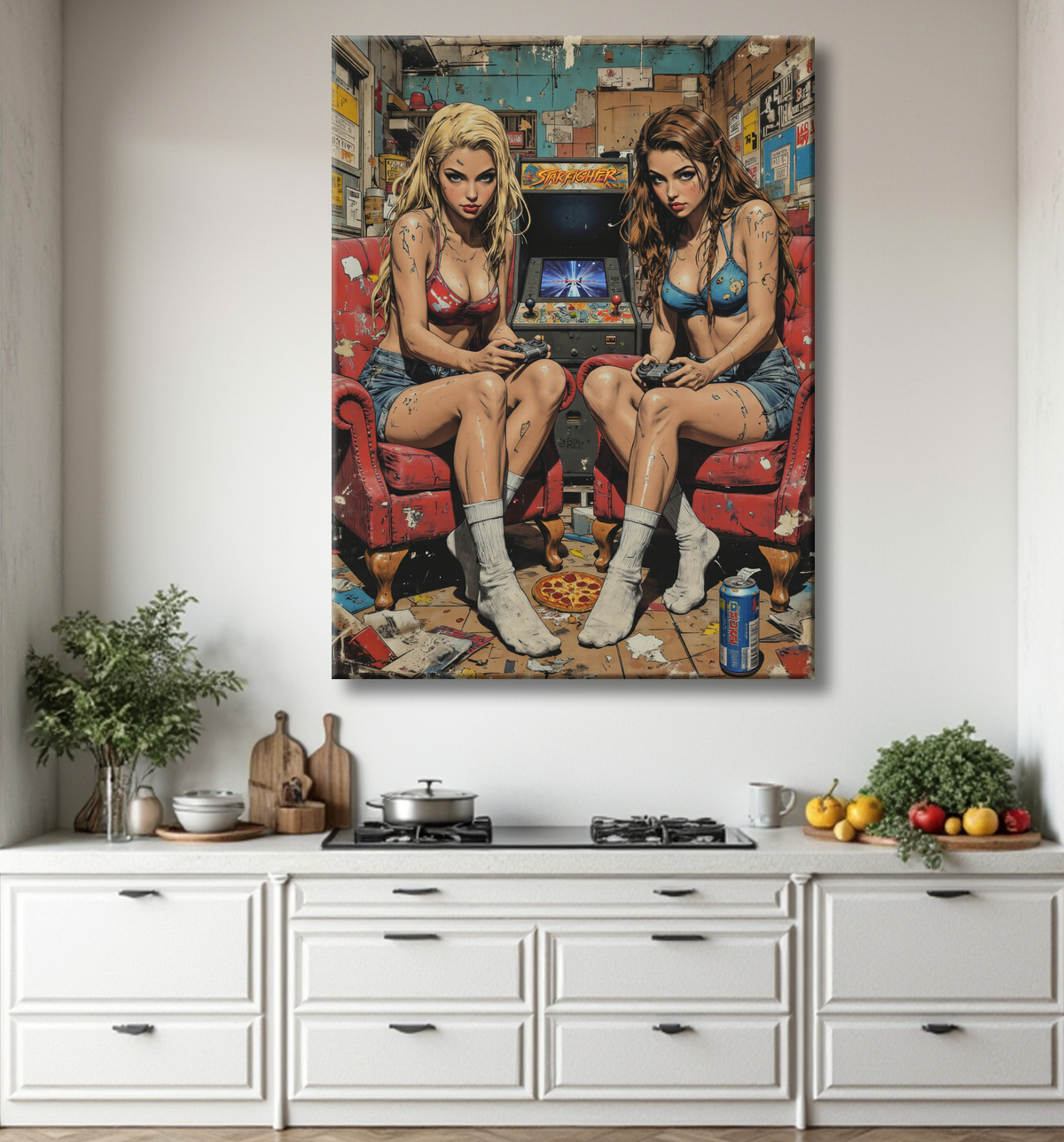 2 Gameuses : tableau street art ambiance destroy avec decor