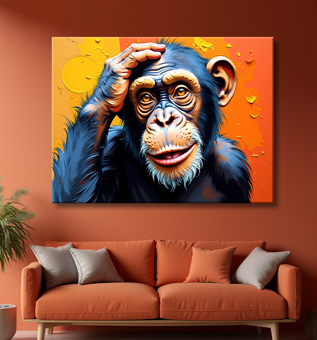 Tableau chimpanzé pensif fond texturé jaune-orangée avec decor