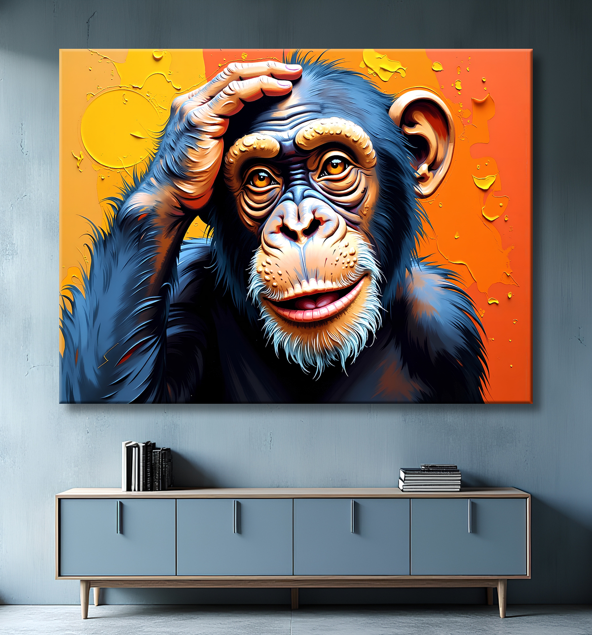 Tableau chimpanzé pensif fond texturé jaune-orangée avec decor