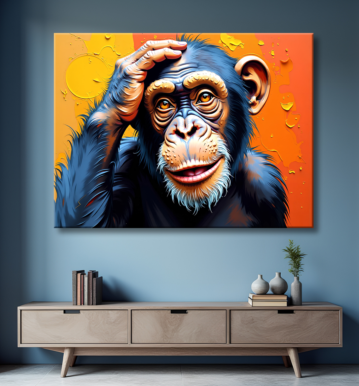 Tableau chimpanzé pensif fond texturé jaune-orangée avec decor
