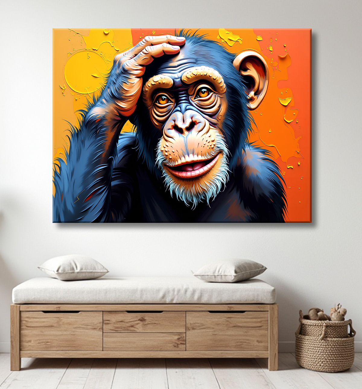Tableau chimpanzé pensif fond texturé jaune-orangée avec decor