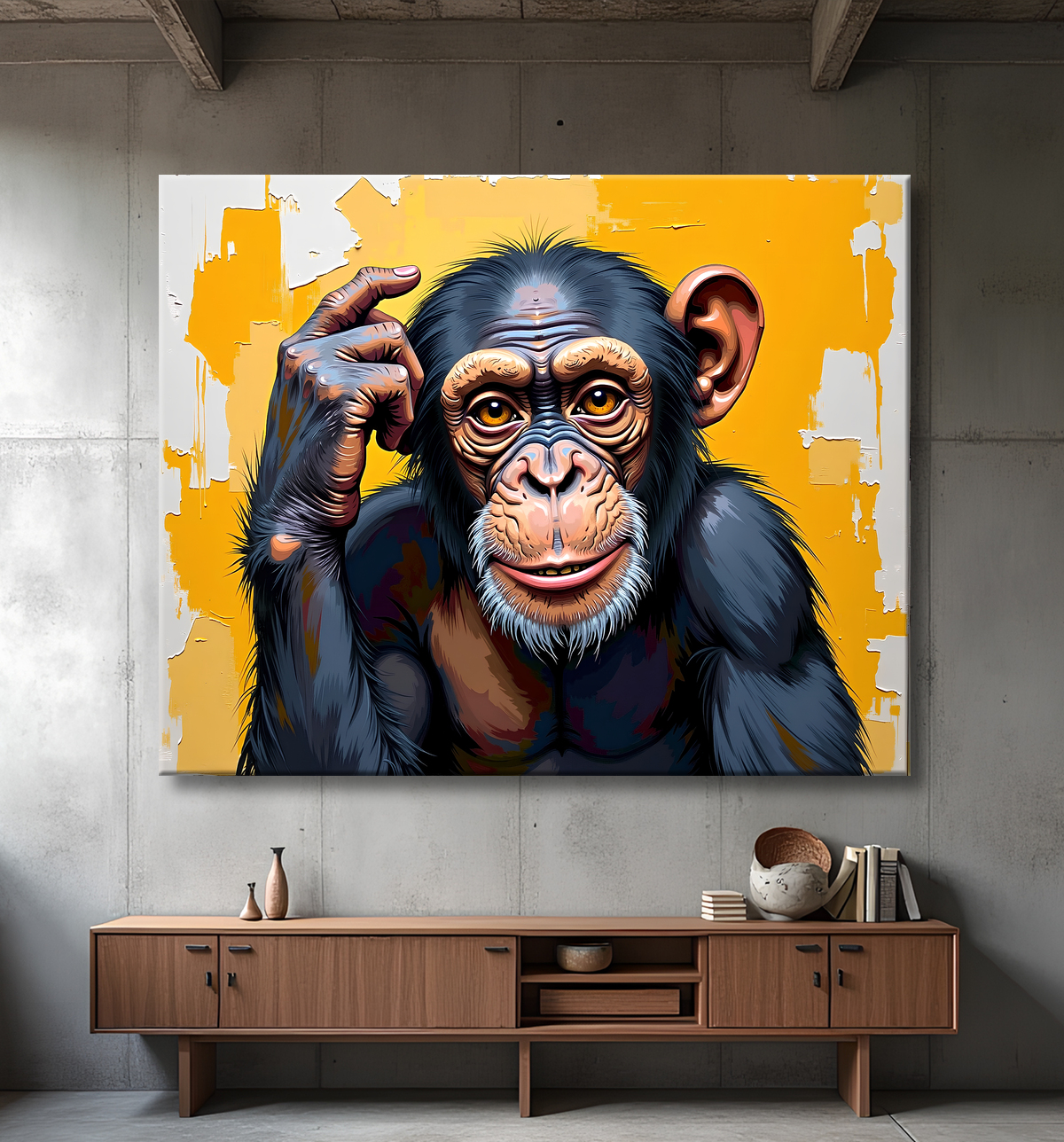 Tableau chimpanzé pensif fond texturé jaune-orangée avec decor