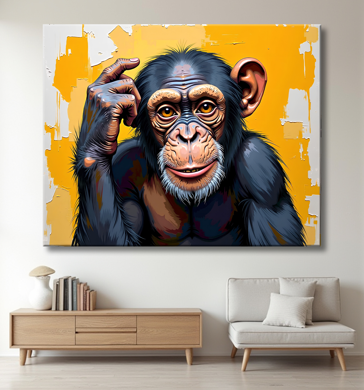 Tableau chimpanzé pensif fond texturé jaune-orangée avec decor