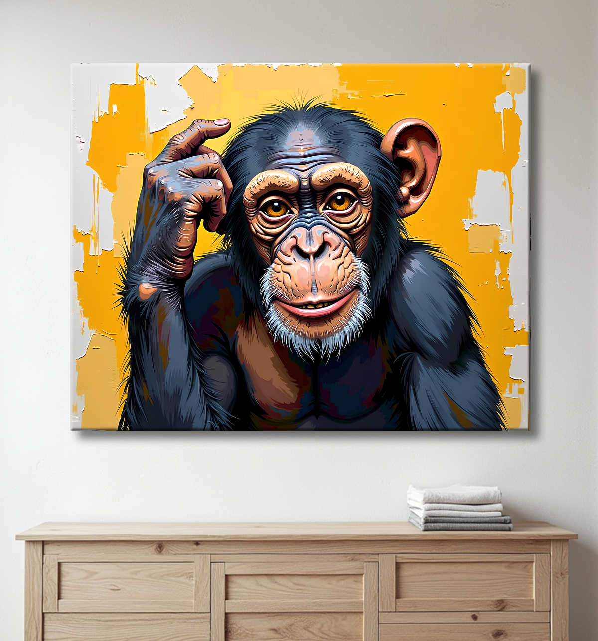 Tableau chimpanzé pensif fond texturé jaune-orangée avec decor