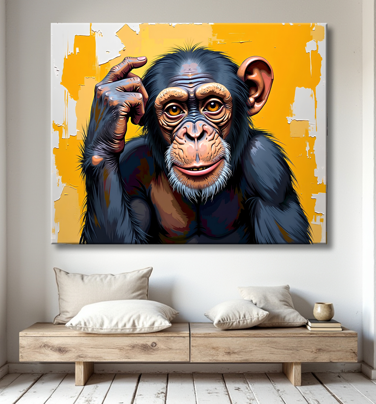 Tableau chimpanzé pensif fond texturé jaune-orangée avec decor