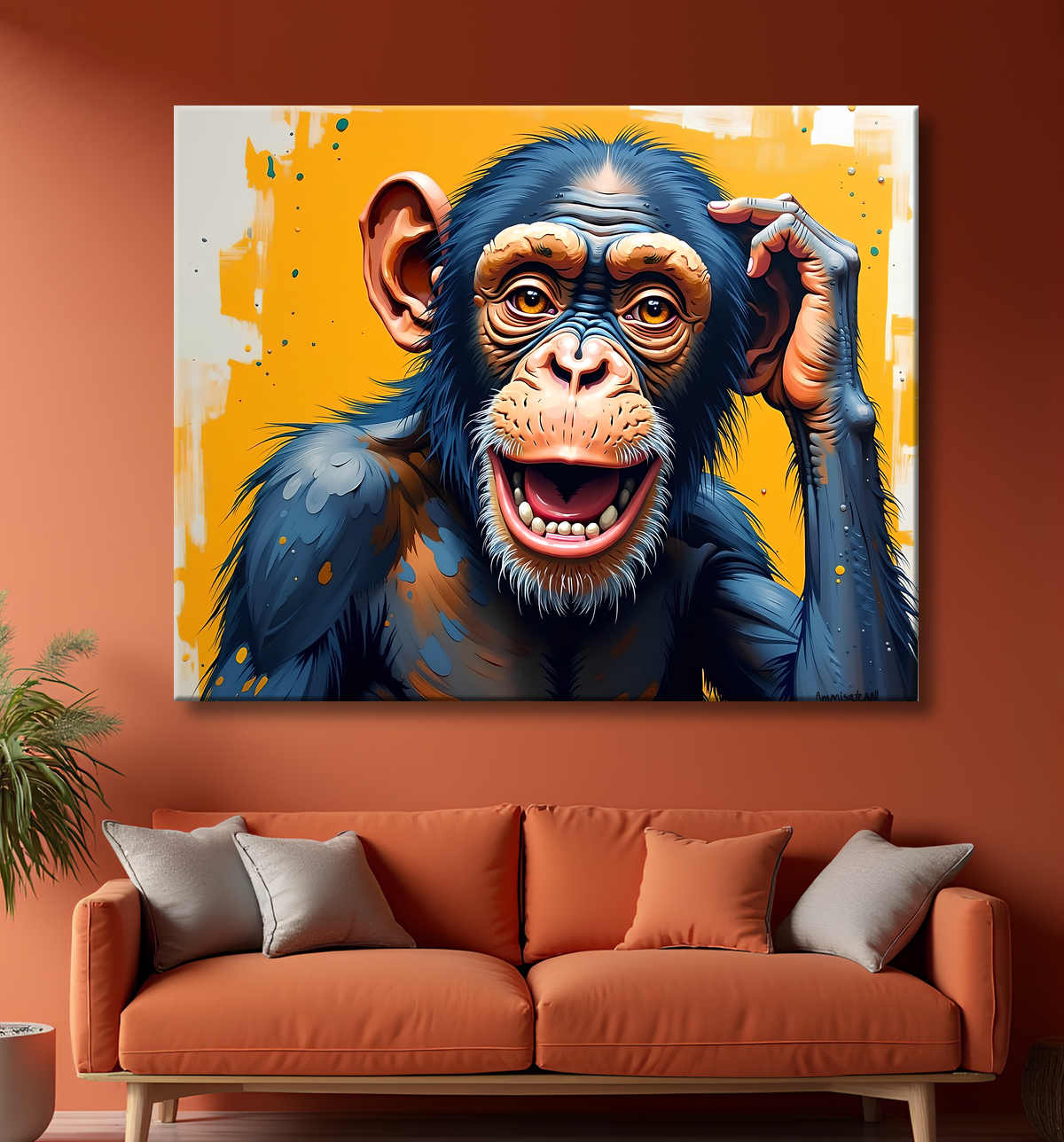 Tableau chimpanzé pensif fond texturé jaune-orangée avec decor