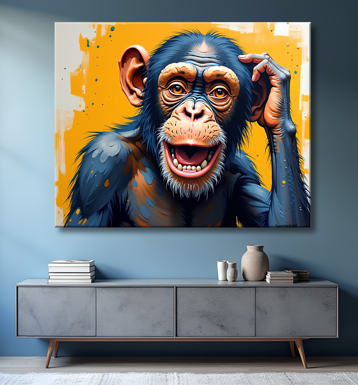 Tableau chimpanzé pensif fond texturé jaune-orangée avec decor