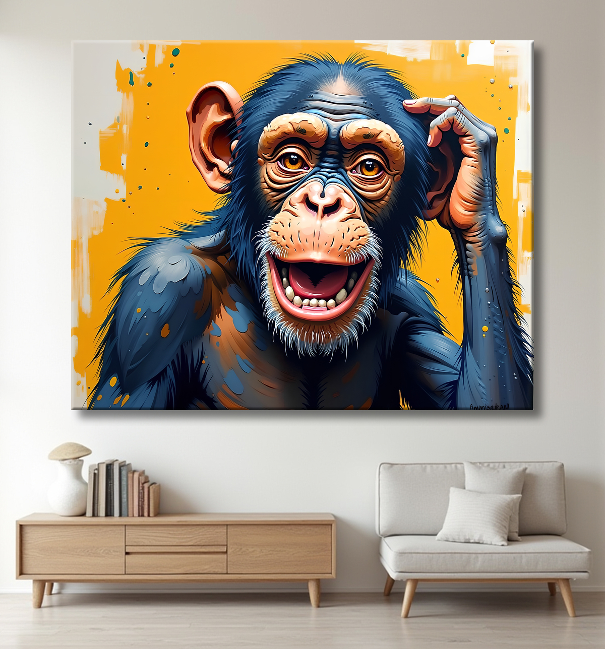 Tableau chimpanzé pensif fond texturé jaune-orangée avec decor