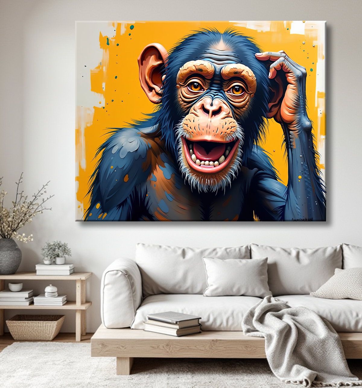 Tableau chimpanzé pensif fond texturé jaune-orangée avec decor