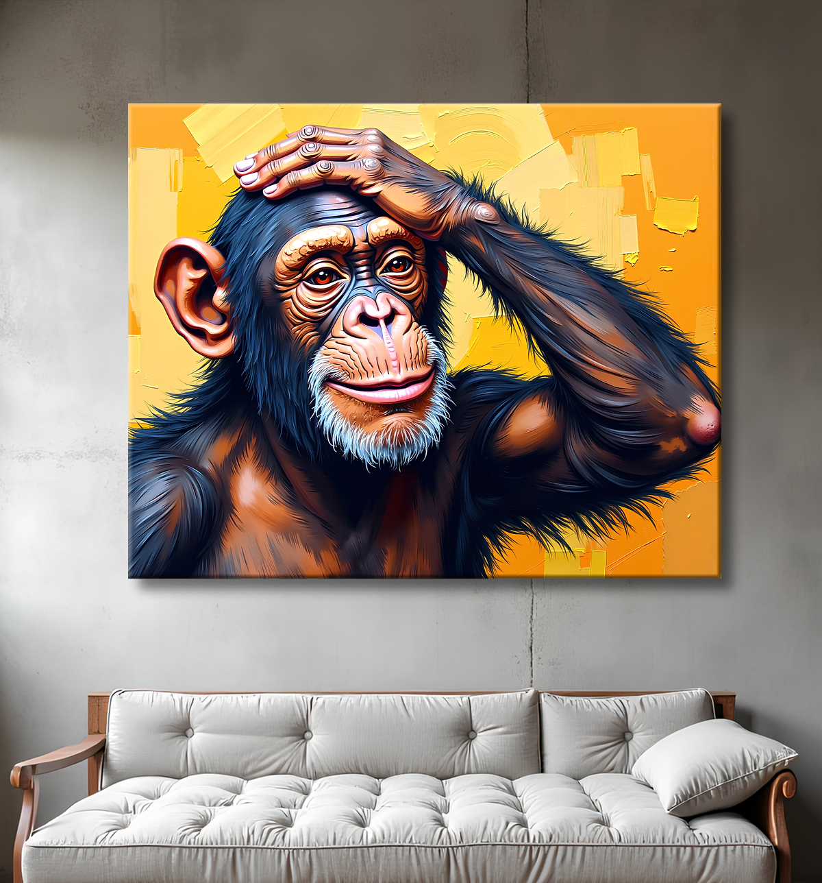 Tableau chimpanzé pensif fond texturé jaune-orangée avec decor