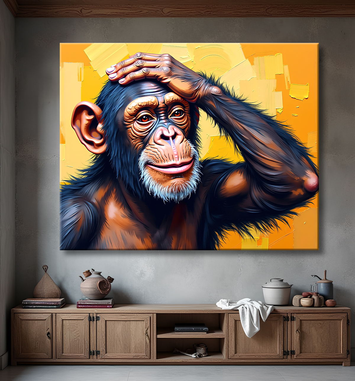 Tableau chimpanzé pensif fond texturé jaune-orangée avec decor