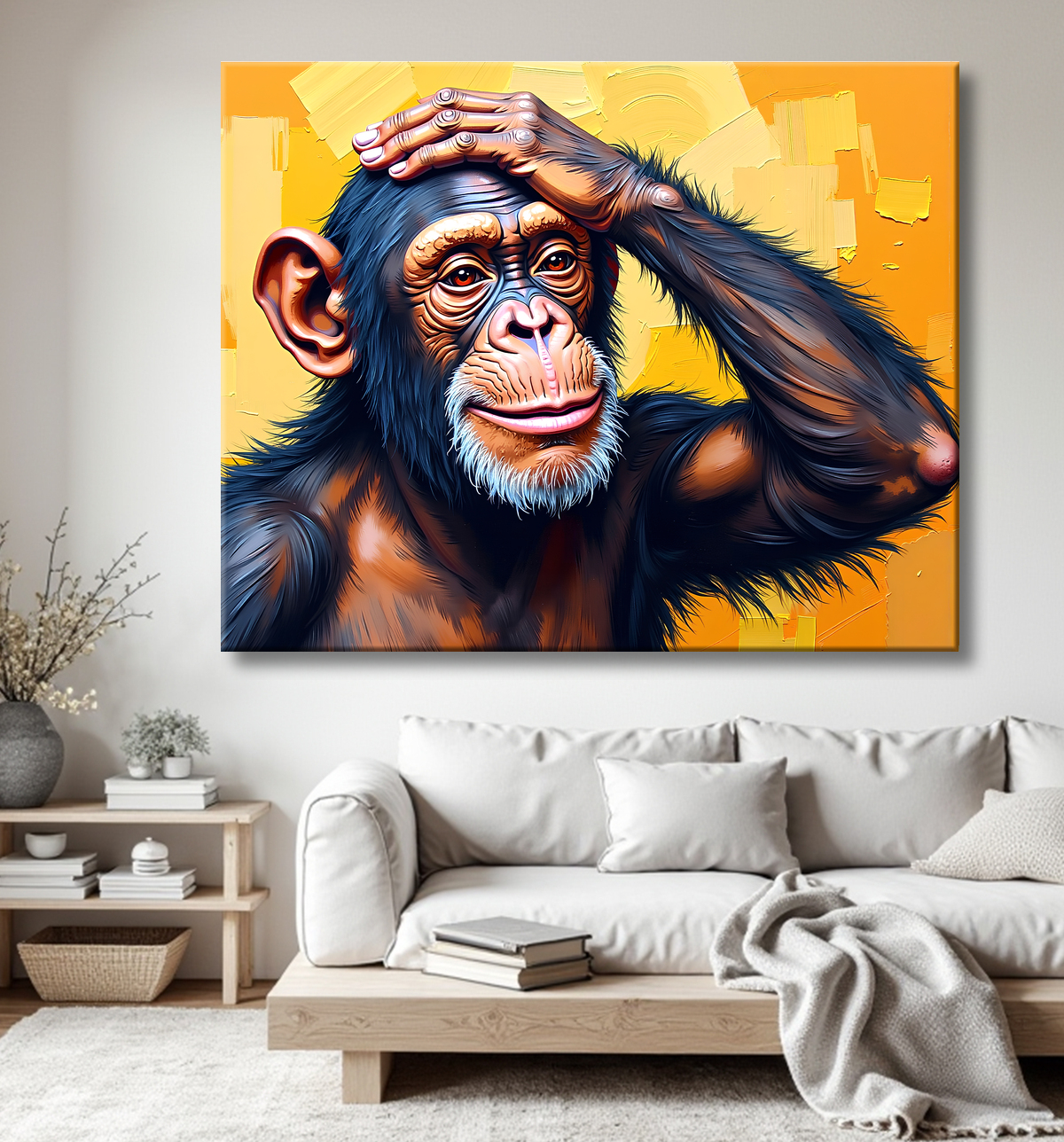 Tableau chimpanzé pensif fond texturé jaune-orangée avec decor