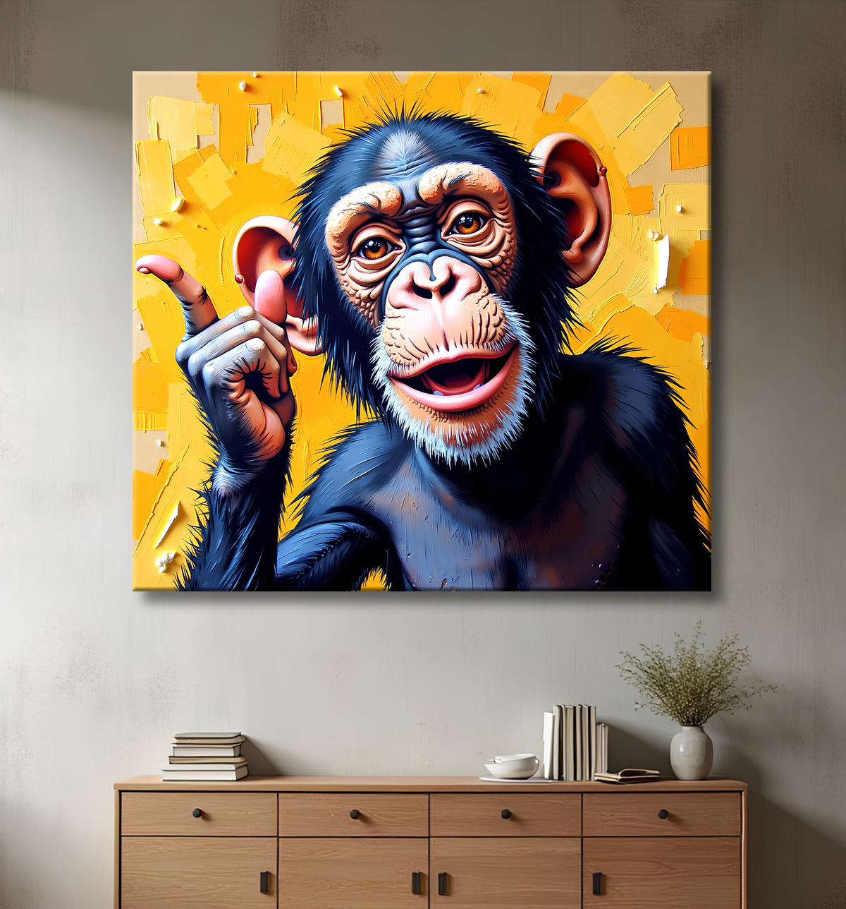 Tableau chimpanzé pensif fond texturé jaune-orangée avec decor