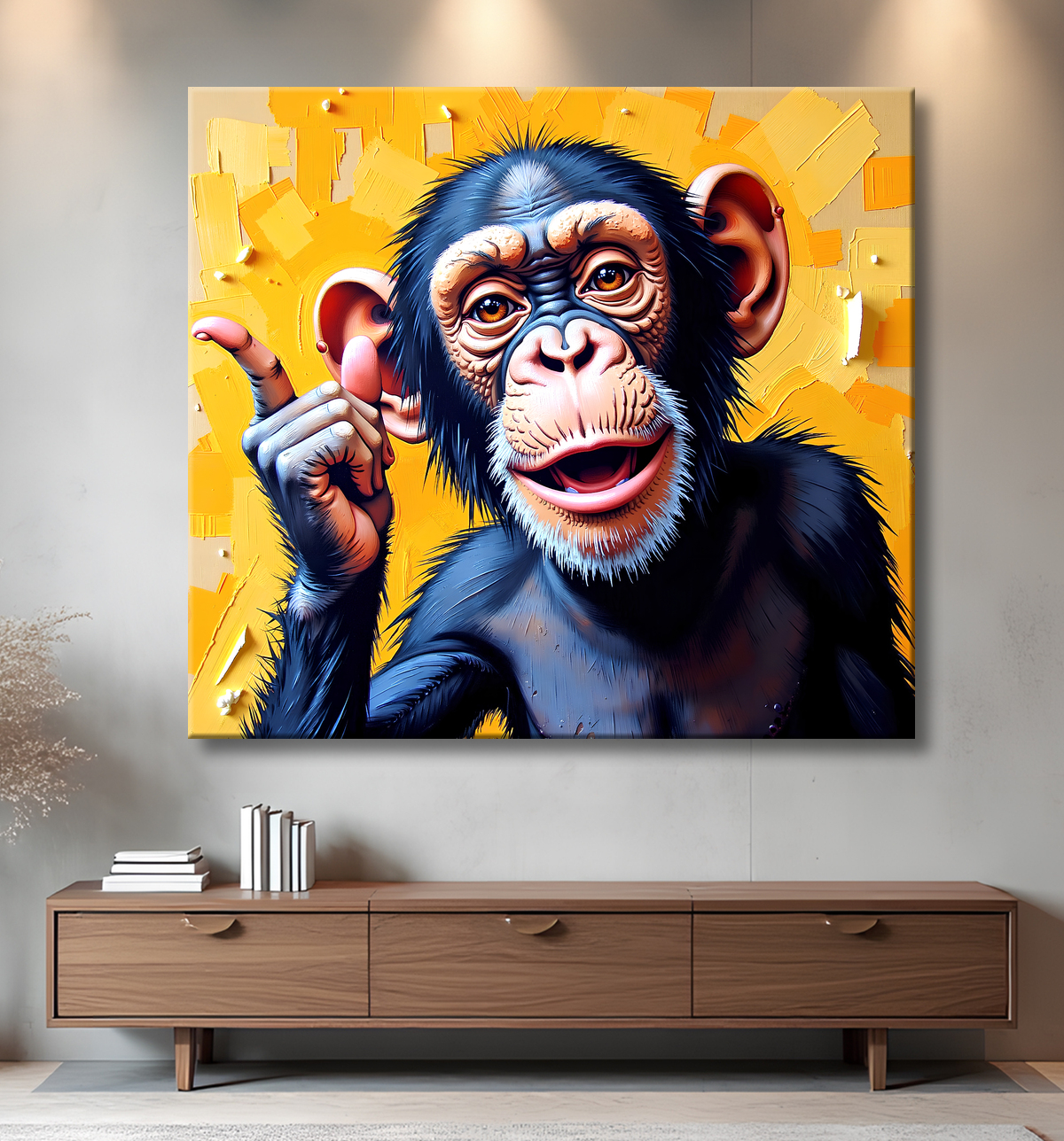 Tableau chimpanzé pensif fond texturé jaune-orangée avec decor
