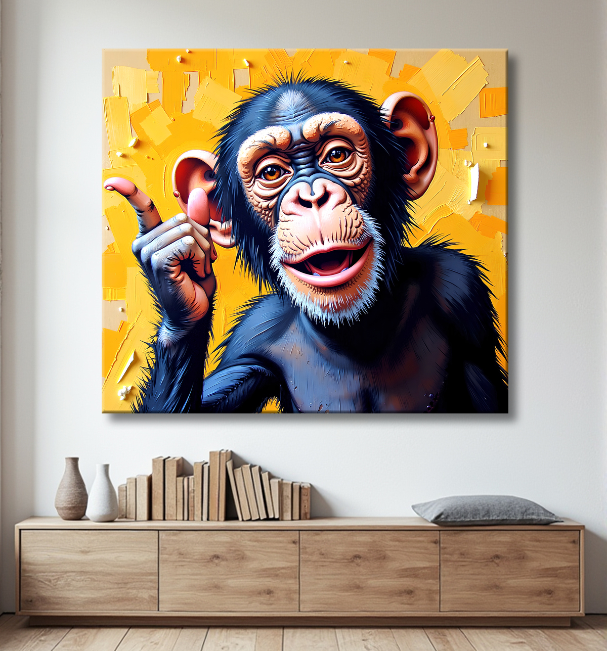 Tableau chimpanzé pensif fond texturé jaune-orangée avec decor