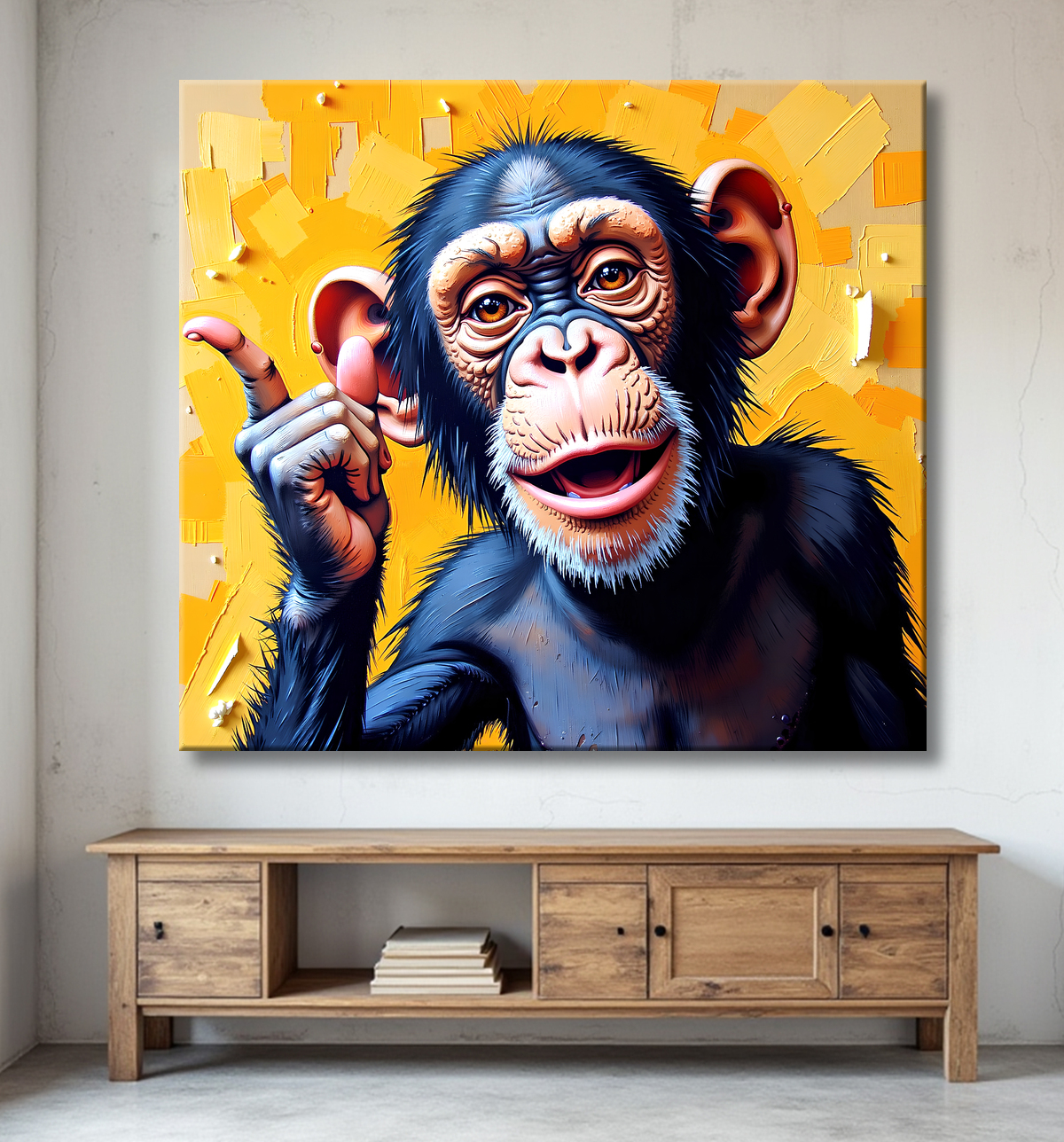Tableau chimpanzé pensif fond texturé jaune-orangée avec decor