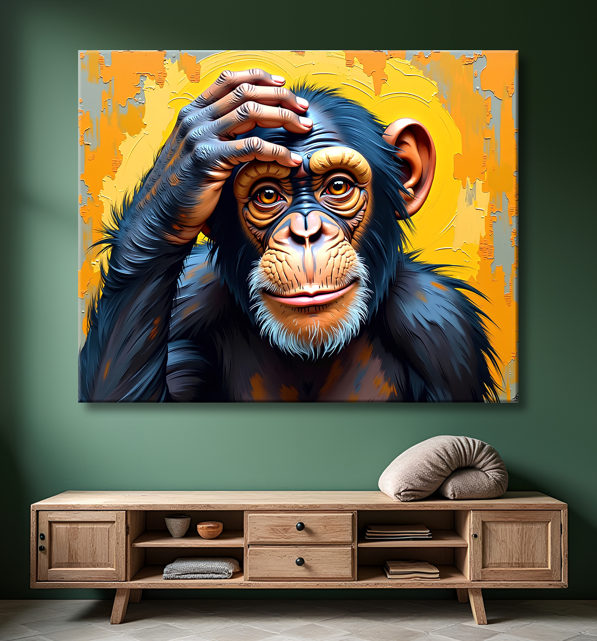 Tableau chimpanzé pensif fond texturé jaune-orangée avec decor