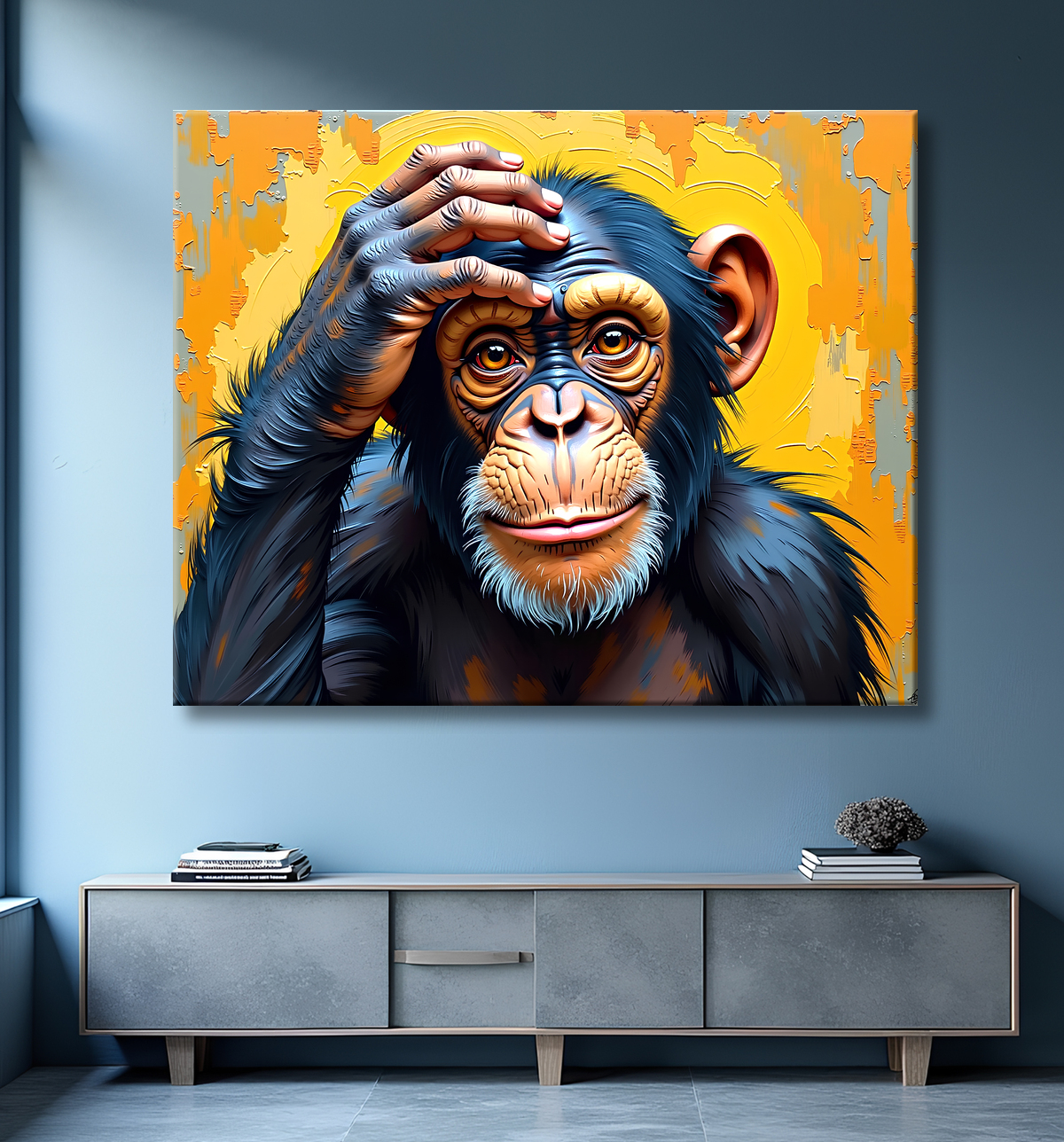 Tableau chimpanzé pensif fond texturé jaune-orangée avec decor