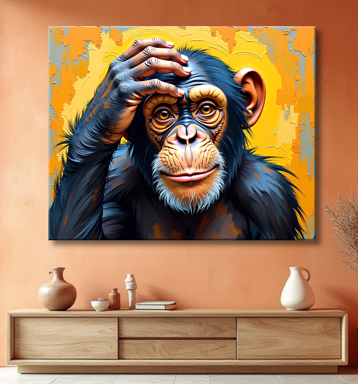 Tableau chimpanzé pensif fond texturé jaune-orangée avec decor