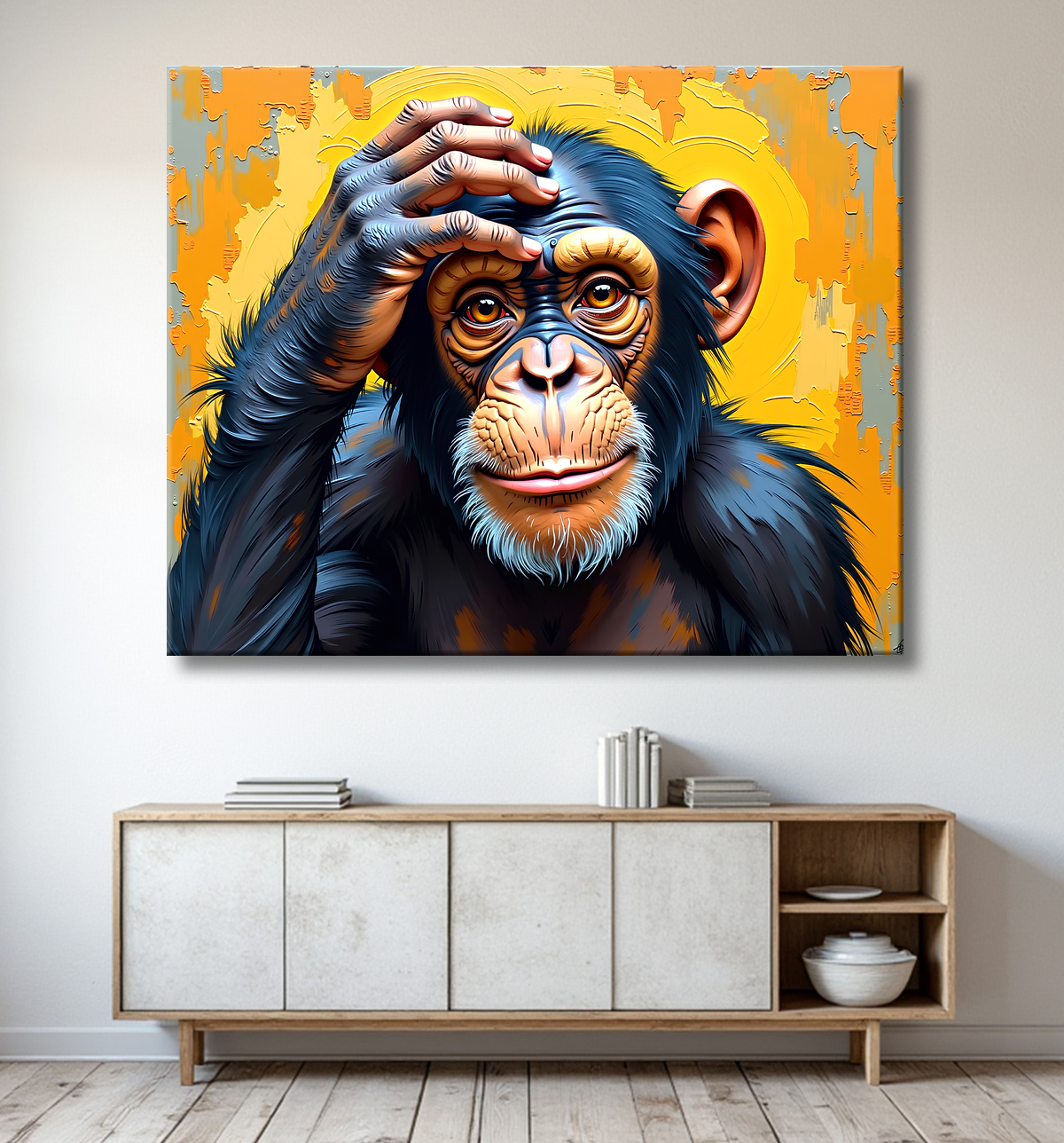 Tableau chimpanzé pensif fond texturé jaune-orangée avec decor