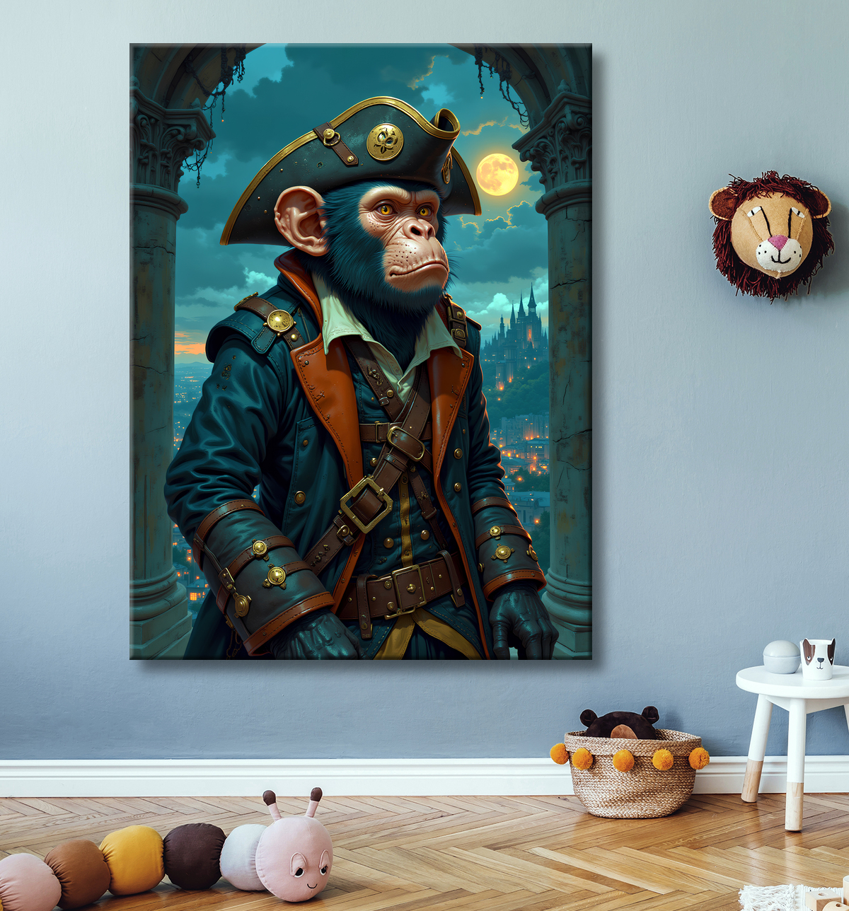 Tableau chimpanzé pirate - Portrait d’animal aventurier plein d’humour avec decor