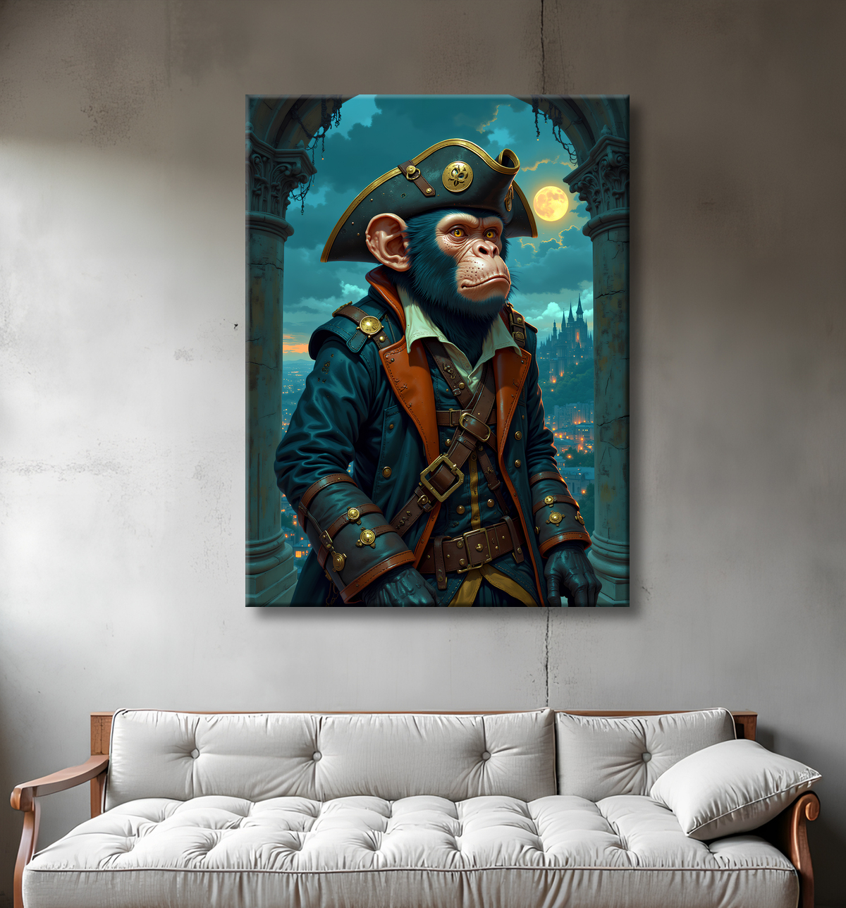 Tableau chimpanzé pirate - Portrait d’animal aventurier plein d’humour avec decor