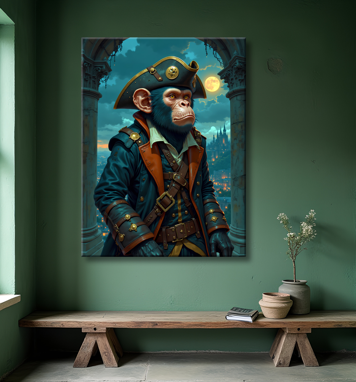 Tableau chimpanzé pirate - Portrait d’animal aventurier plein d’humour avec decor