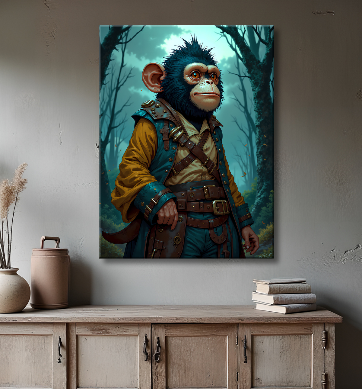 Tableau chimpanzé pirate - Portrait d’animal aventurier plein d’humour avec decor