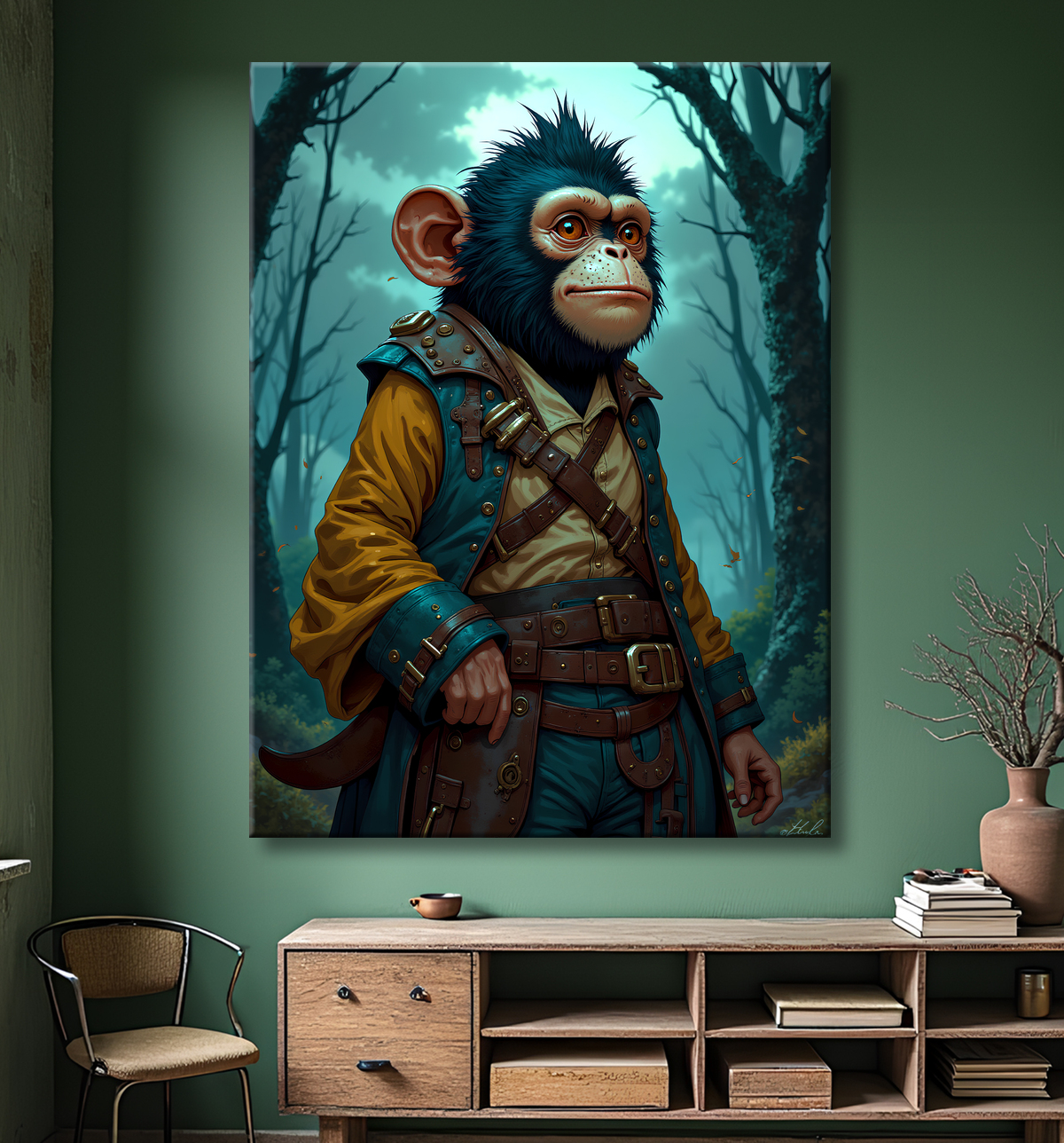 Tableau chimpanzé pirate - Portrait d’animal aventurier plein d’humour avec decor