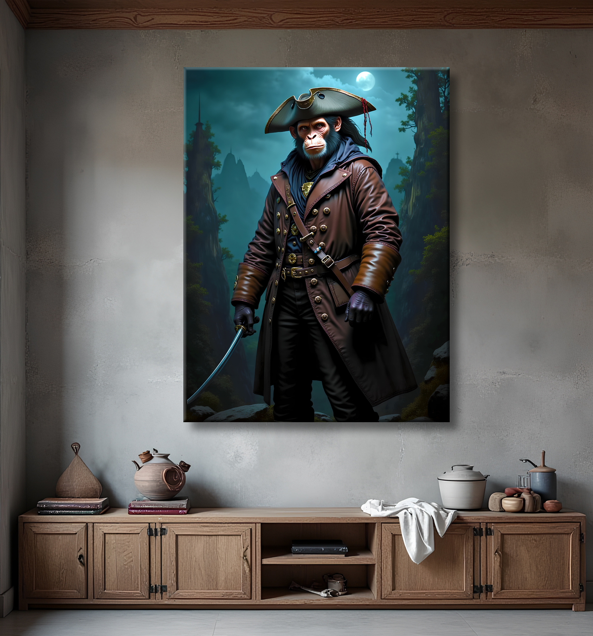 Tableau chimpanzé pirate - Portrait d’animal aventurier plein d’humour avec decor