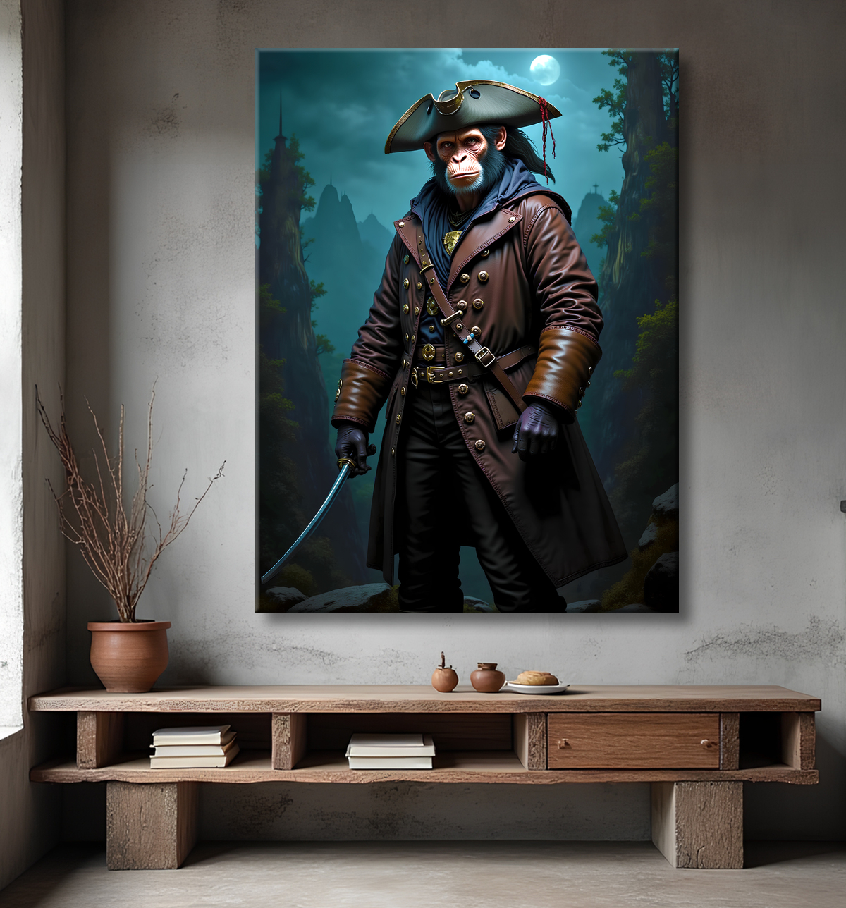 Tableau chimpanzé pirate - Portrait d’animal aventurier plein d’humour avec decor