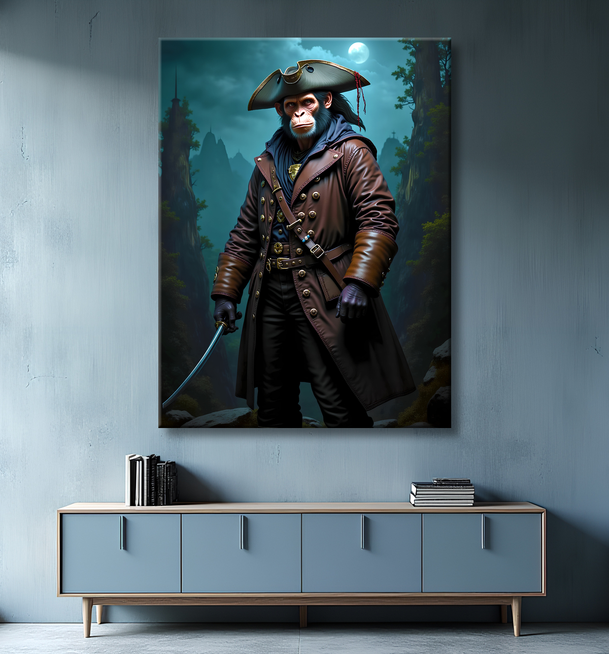 Tableau chimpanzé pirate - Portrait d’animal aventurier plein d’humour avec decor