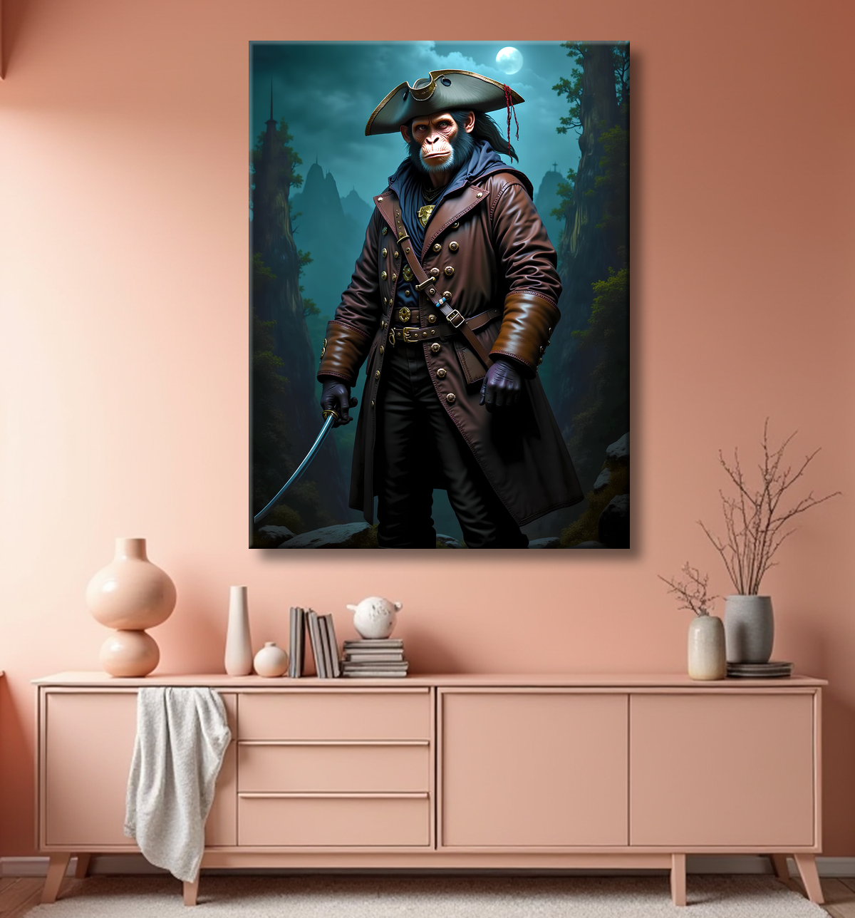 Tableau chimpanzé pirate - Portrait d’animal aventurier plein d’humour avec decor