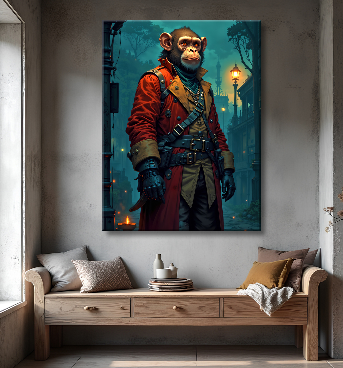 Tableau chimpanzé pirate - Portrait d’animal aventurier plein d’humour avec decor