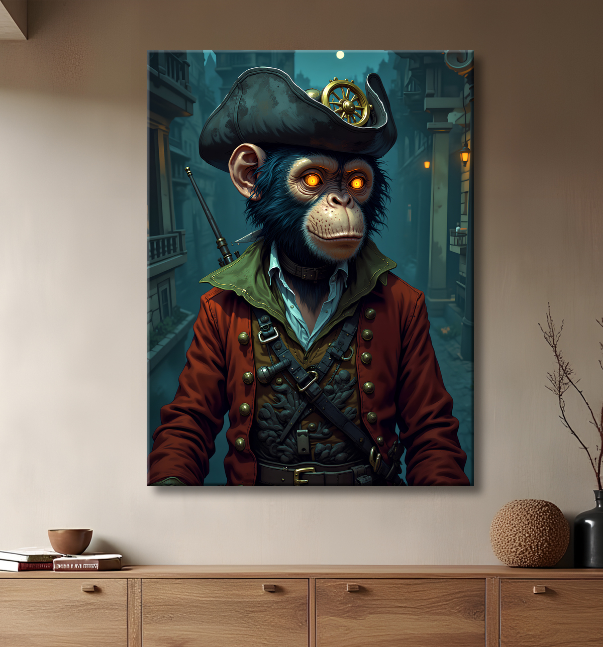 Tableau chimpanzé pirate - Portrait d’animal aventurier plein d’humour avec decor