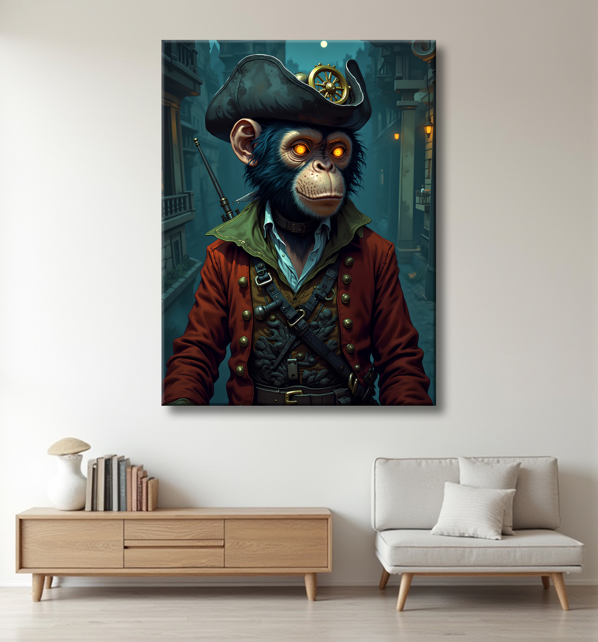Tableau chimpanzé pirate - Portrait d’animal aventurier plein d’humour avec decor
