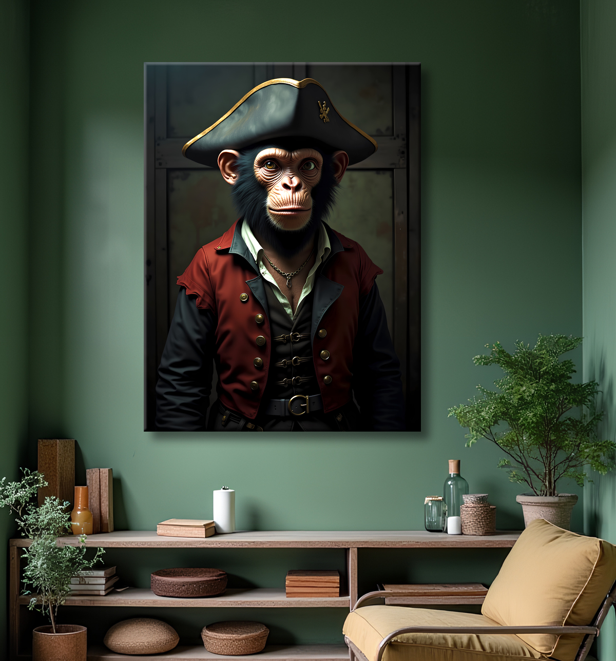 Tableau chimpanzé pirate - Portrait d’animal aventurier plein d’humour avec decor